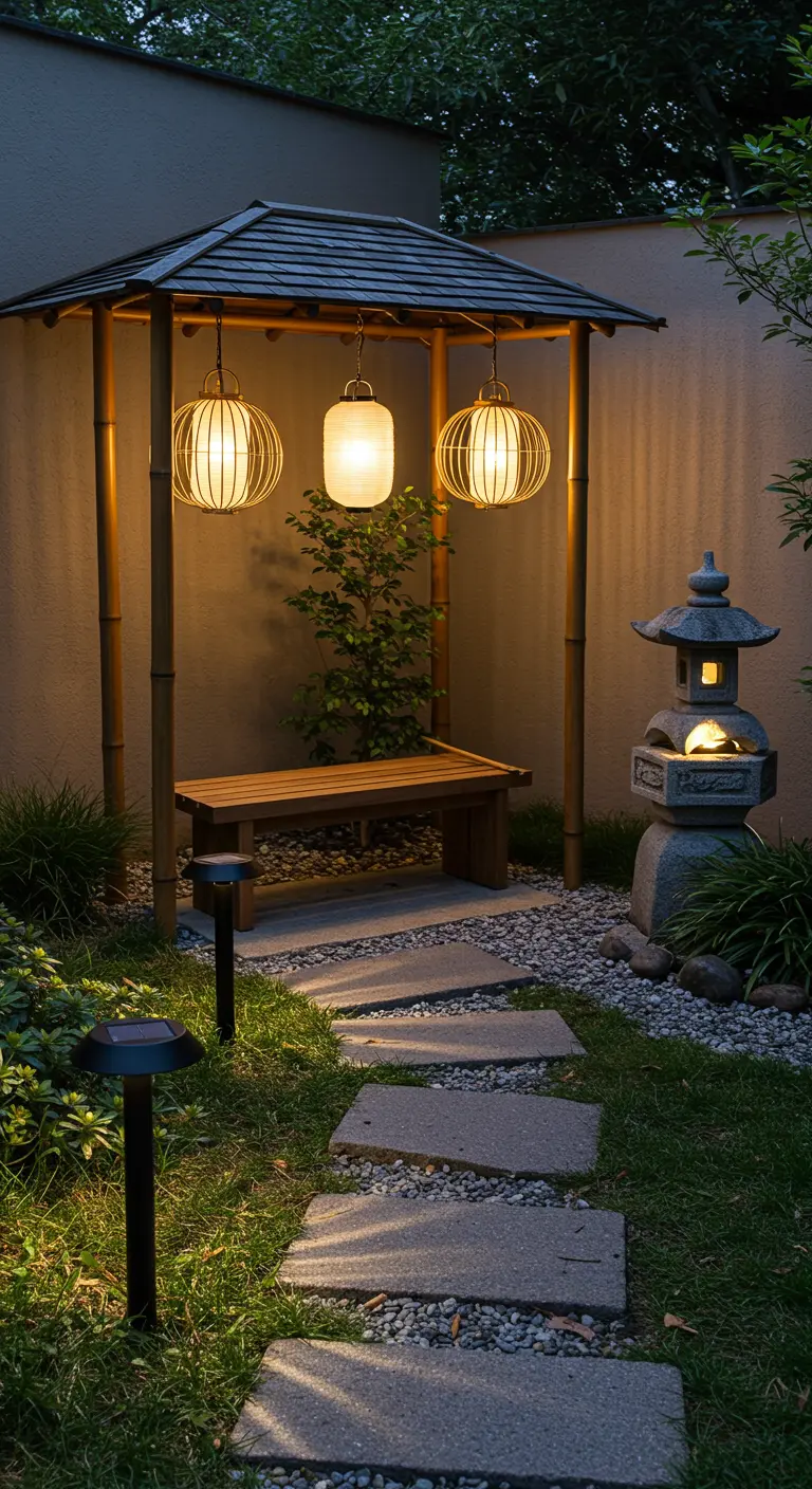 Pavillon de jardin zen avec des lanternes suspendues et des allées de pierres.