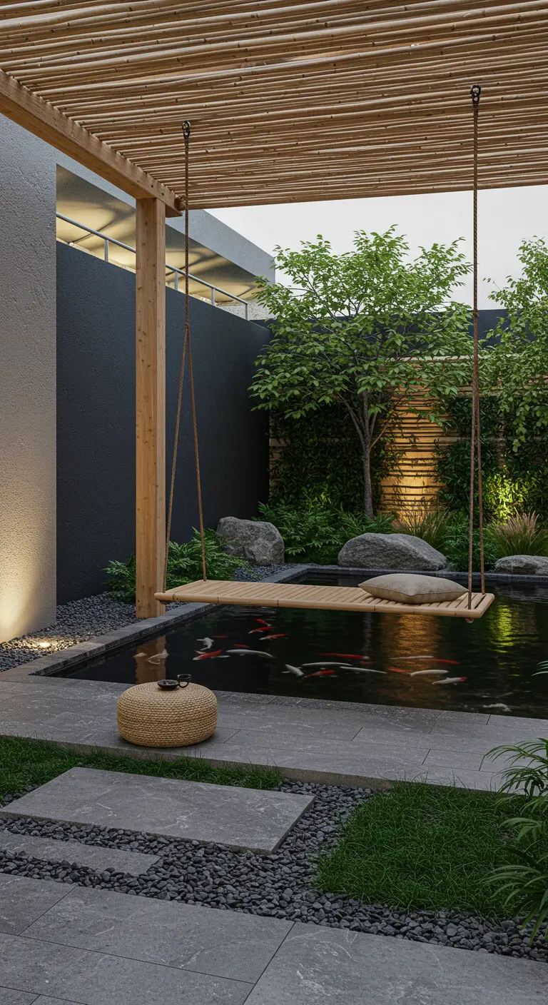 Une plateforme suspendue en bois au-dessus d'un bassin avec des carpes Koï dans un jardin zen.