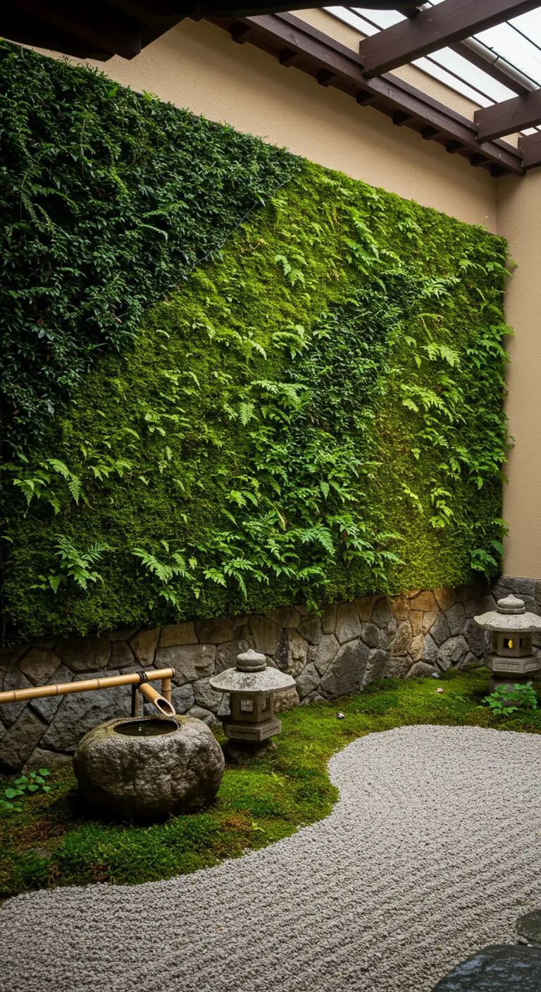Mur végétal de mousse, jardin zen avec vasque en pierre, sable ratissé et lanternes en pierre.