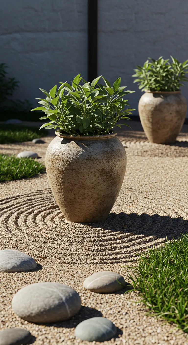 Jardin zen avec un pot craquelé de sauge sur du gravier ratissé.