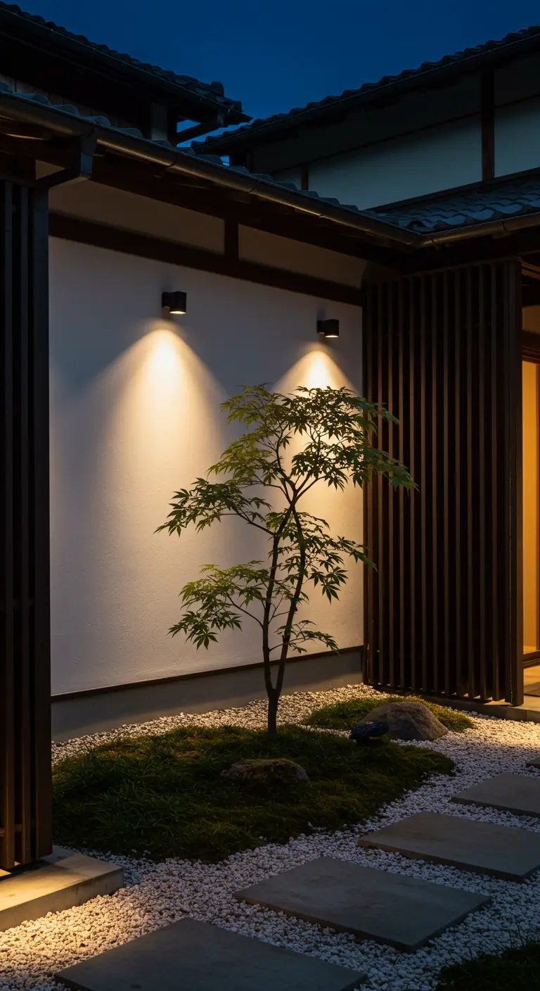 Jardin japonais avec érable, mur blanc éclairé par des appliques et spots au sol.