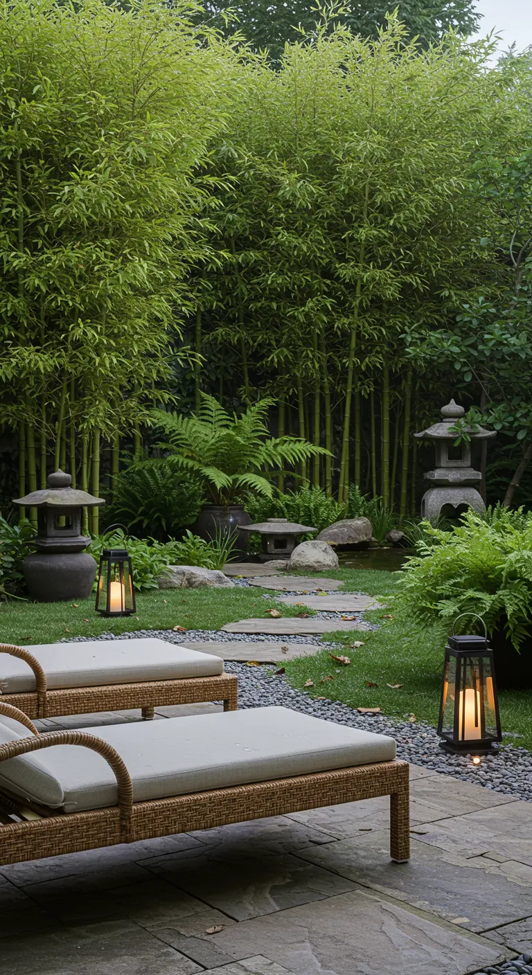 Jardin zen avec bambou, fougères, chemin de pierre et lanternes japonaises traditionnelles.