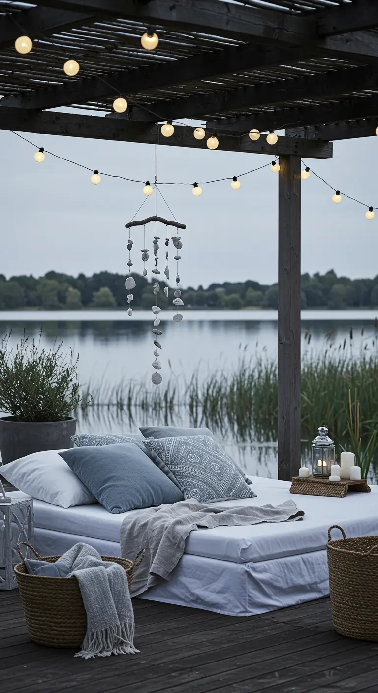 Terrasse lacustre avec lit de repos blanc, coussins bleus, mobile de galets et guirlandes.