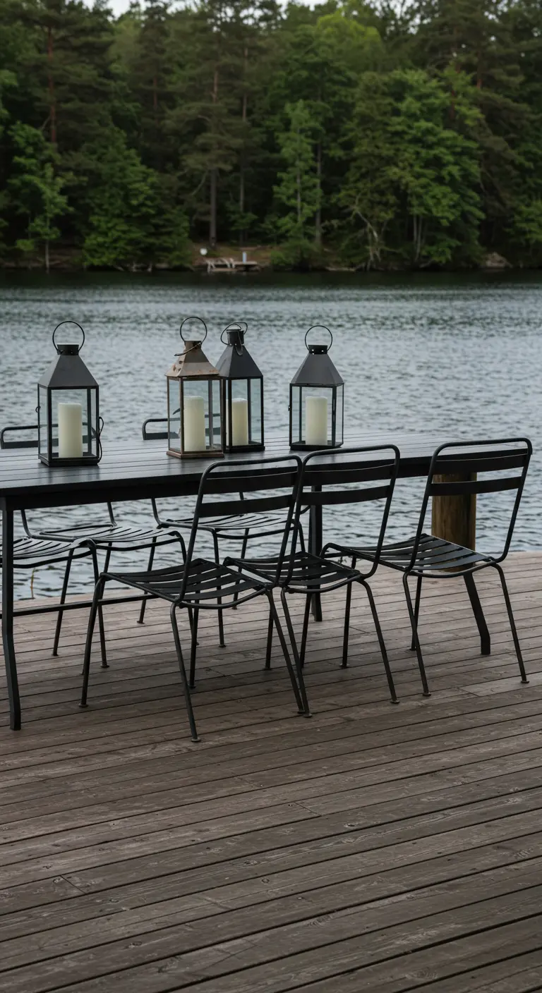 Table à manger et chaises en métal sur une jetée en bois avec des lanternes, au bord d'un lac.