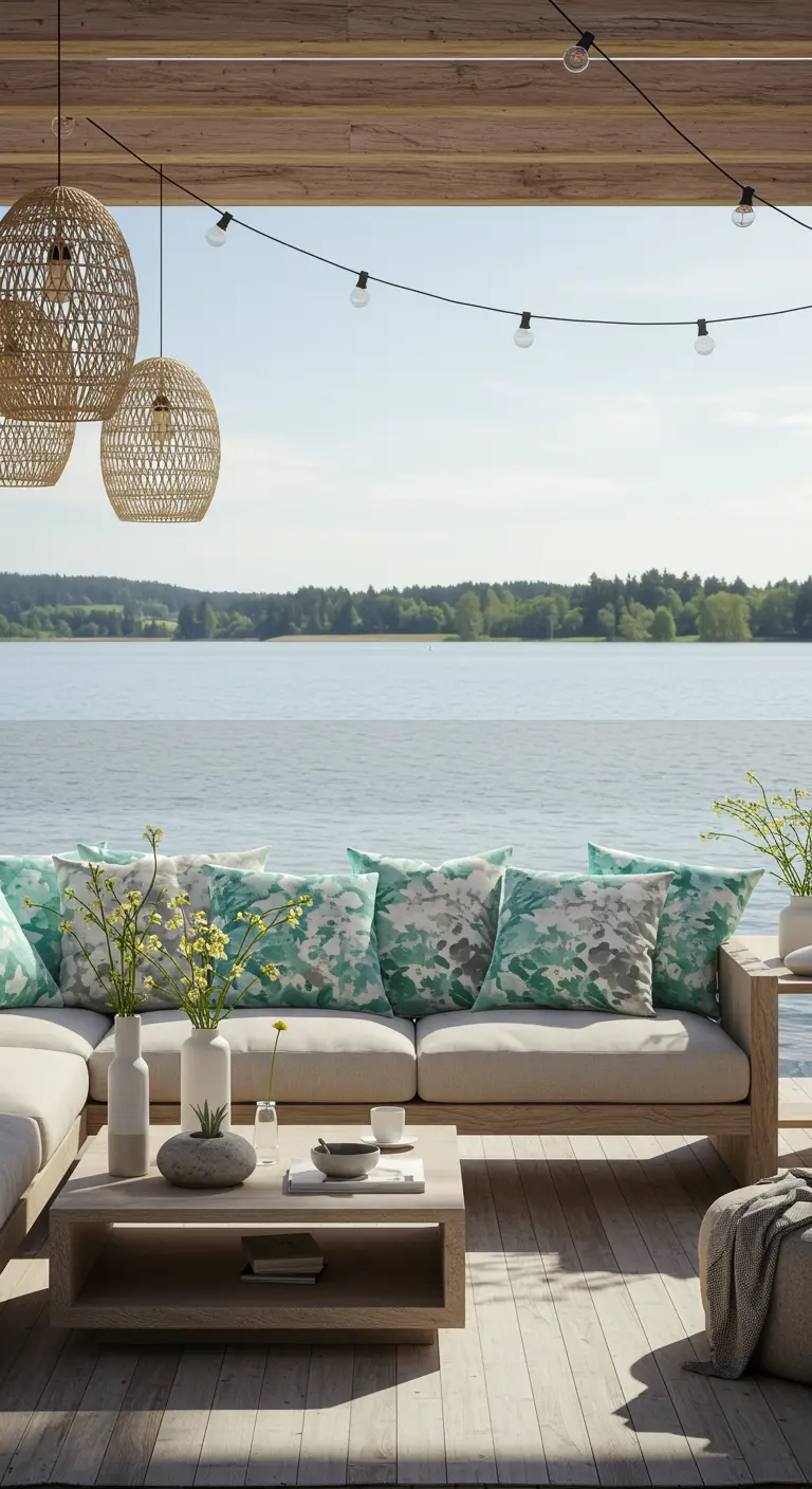 Terrasse en bois au bord d'un lac, canapé moderne, coussins motifs turquoise, branches fleuries.