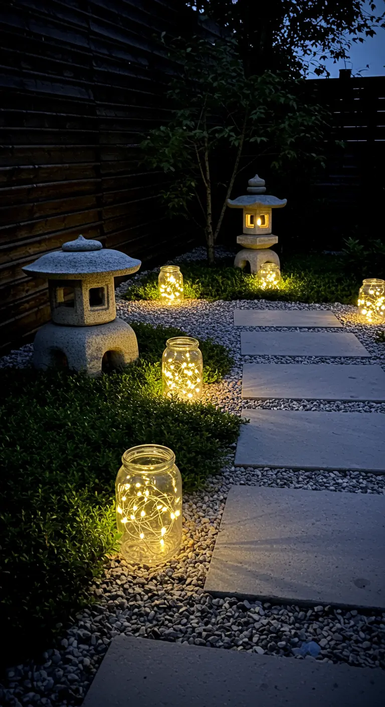 Chemin de galets dans un jardin zen, bordé de petits arbustes et de bocaux lumineux, avec des sculptures en pierre.