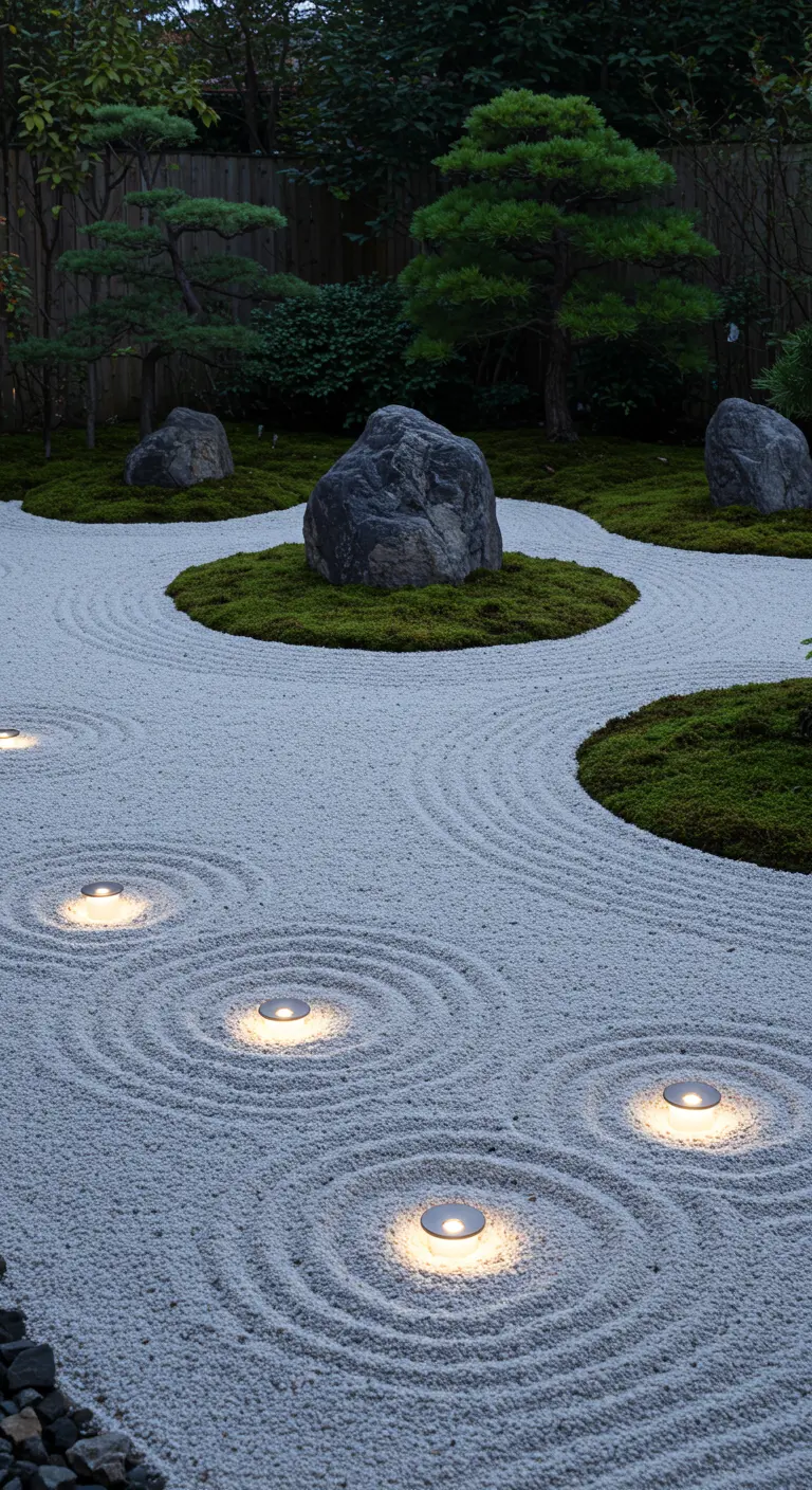 Jardin zen minimaliste avec motifs dans le gravier blanc et spots LED circulaires encastrés.