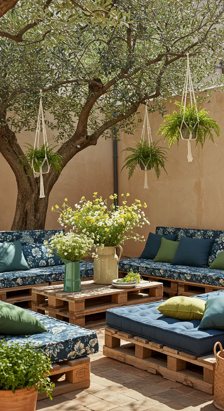 Cour intérieure avec mobilier en palettes, coussins bleus, suspensions en macramé et bouquets champêtres.