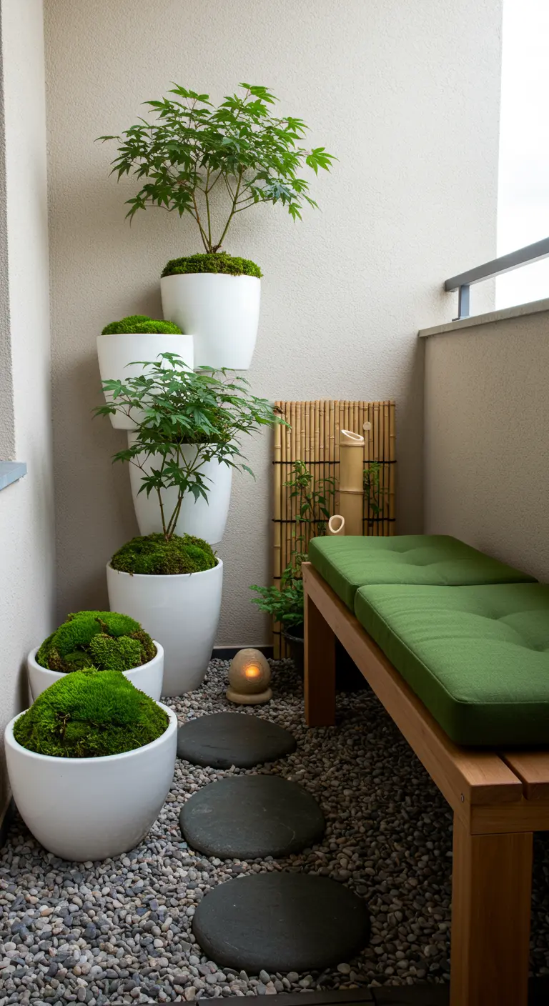 Balcon zen avec gravier, dalles de pierre, bonsaïs et mousse dans des pots blancs.