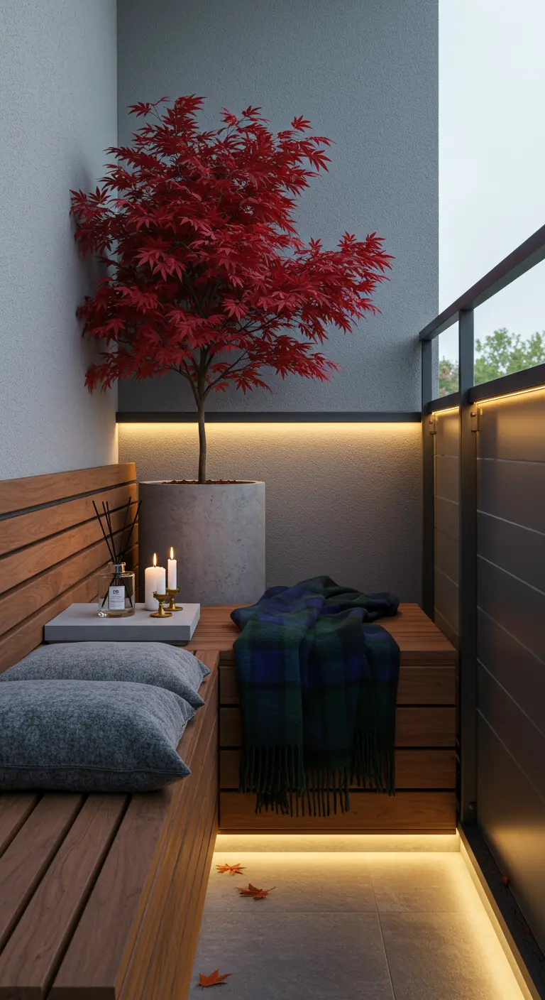 Balcon moderne avec érable japonais rouge, banc en bois, éclairage LED intégré et bougies.