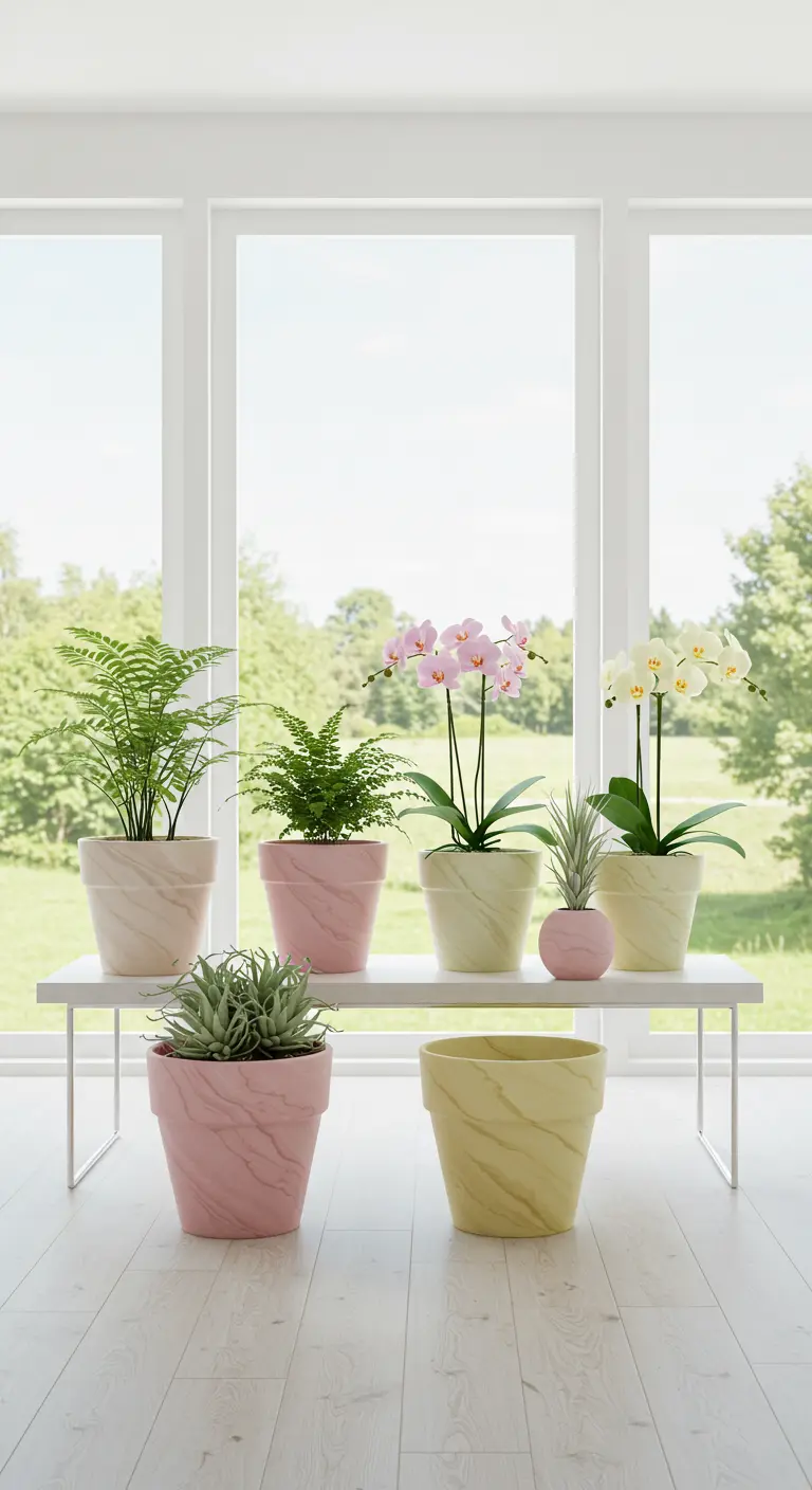 Collection de pots pastel marbrés avec des fougères, orchidées et succulentes, alignés sur une console blanche devant une fenêtre.