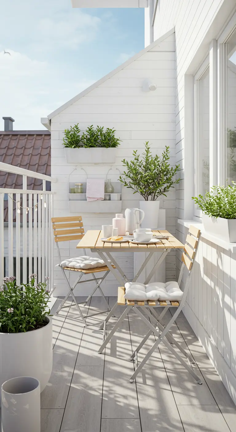 Balcon blanc ensoleillé avec table et chaises pliantes en bois et blanc, plantes en pots blancs.