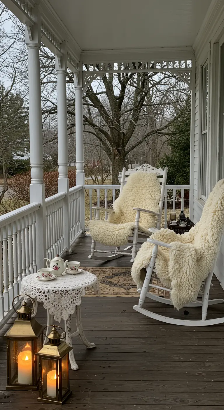 Véranda blanche avec chaises à bascule en peau de mouton et service à thé.