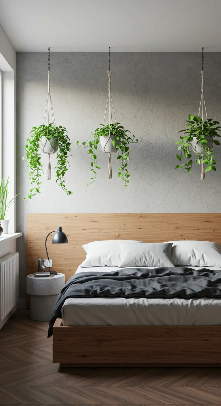 Chambre moderne avec lit en bois clair, murs texturés et trois pots suspendus en macramé avec plantes tombantes.