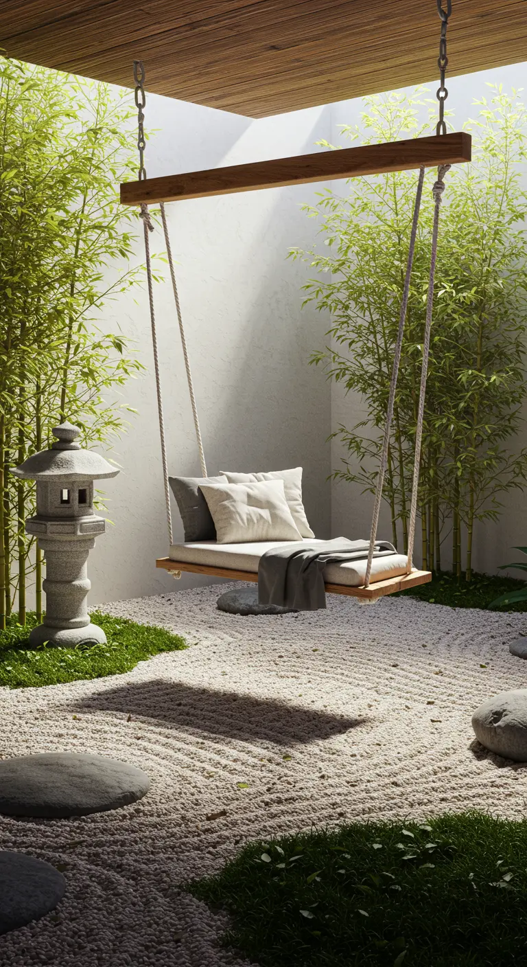 Balançoire en bois minimaliste, coussins neutres, jardin zen, bambous et lanterne en pierre.