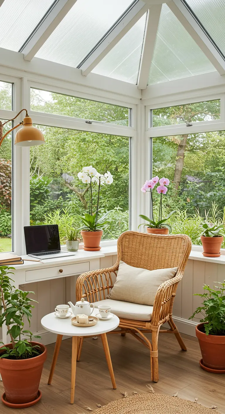 Bureau dans une véranda verdoyante avec chaise en rotin, orchidées et coin pause thé.