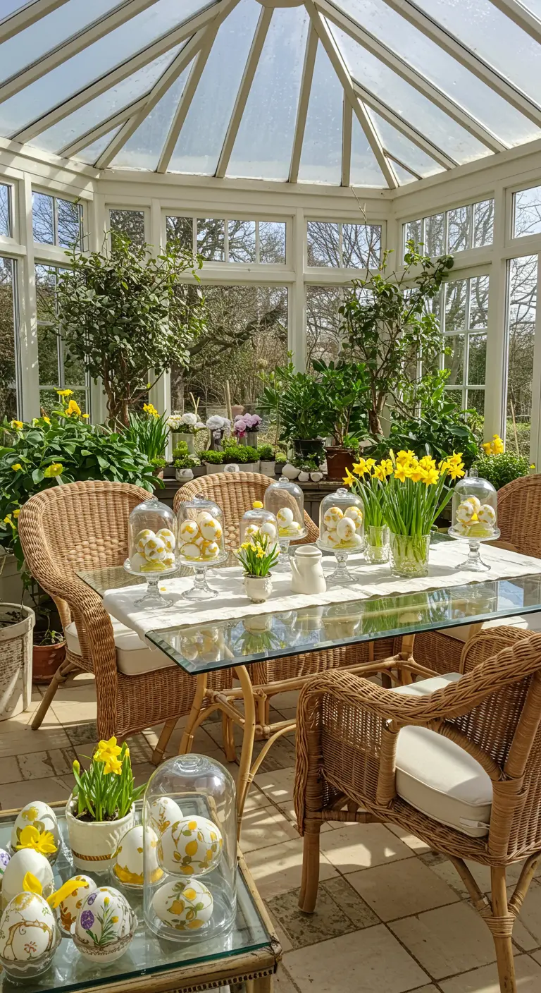 Véranda avec table en rotin, jonquilles et œufs décorés sous cloches.