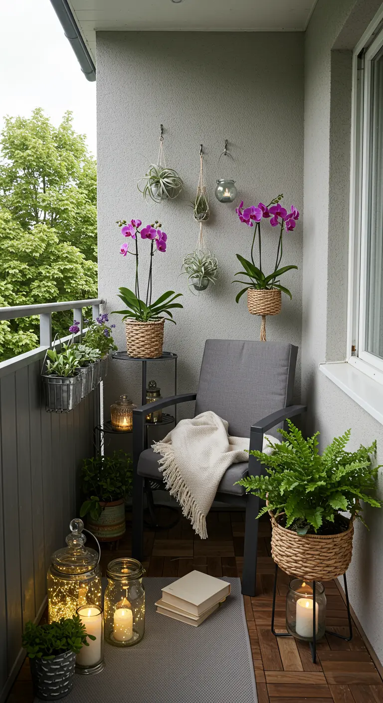 Petit balcon moderne avec plantes suspendues, orchidées et lanternes lumineuses.