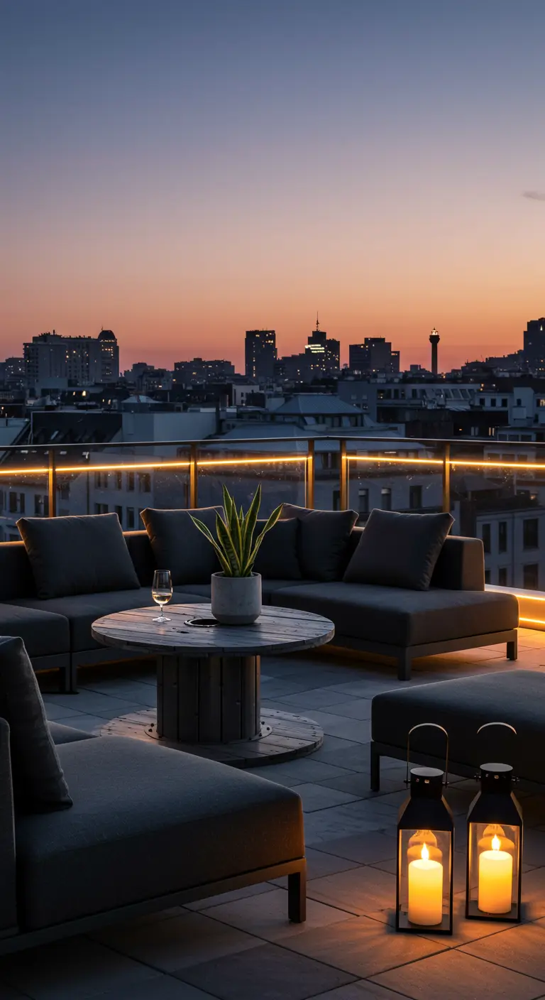 Terrasse de toit moderne avec mobilier gris, table en bobine, éclairage LED, vue urbaine.