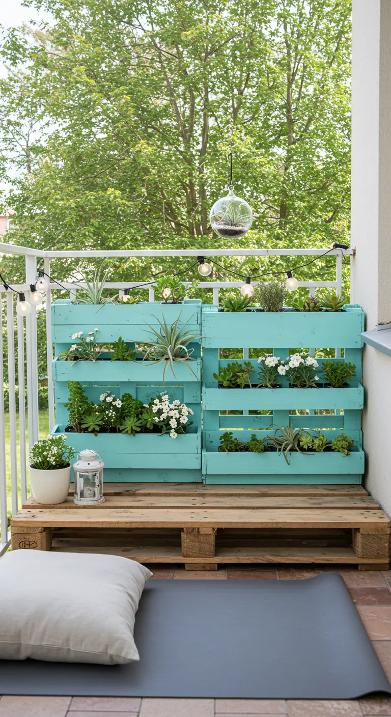 Balcon zen avec mur végétal en palettes bleues, plantes grasses, tapis de yoga et terrarium suspendu.