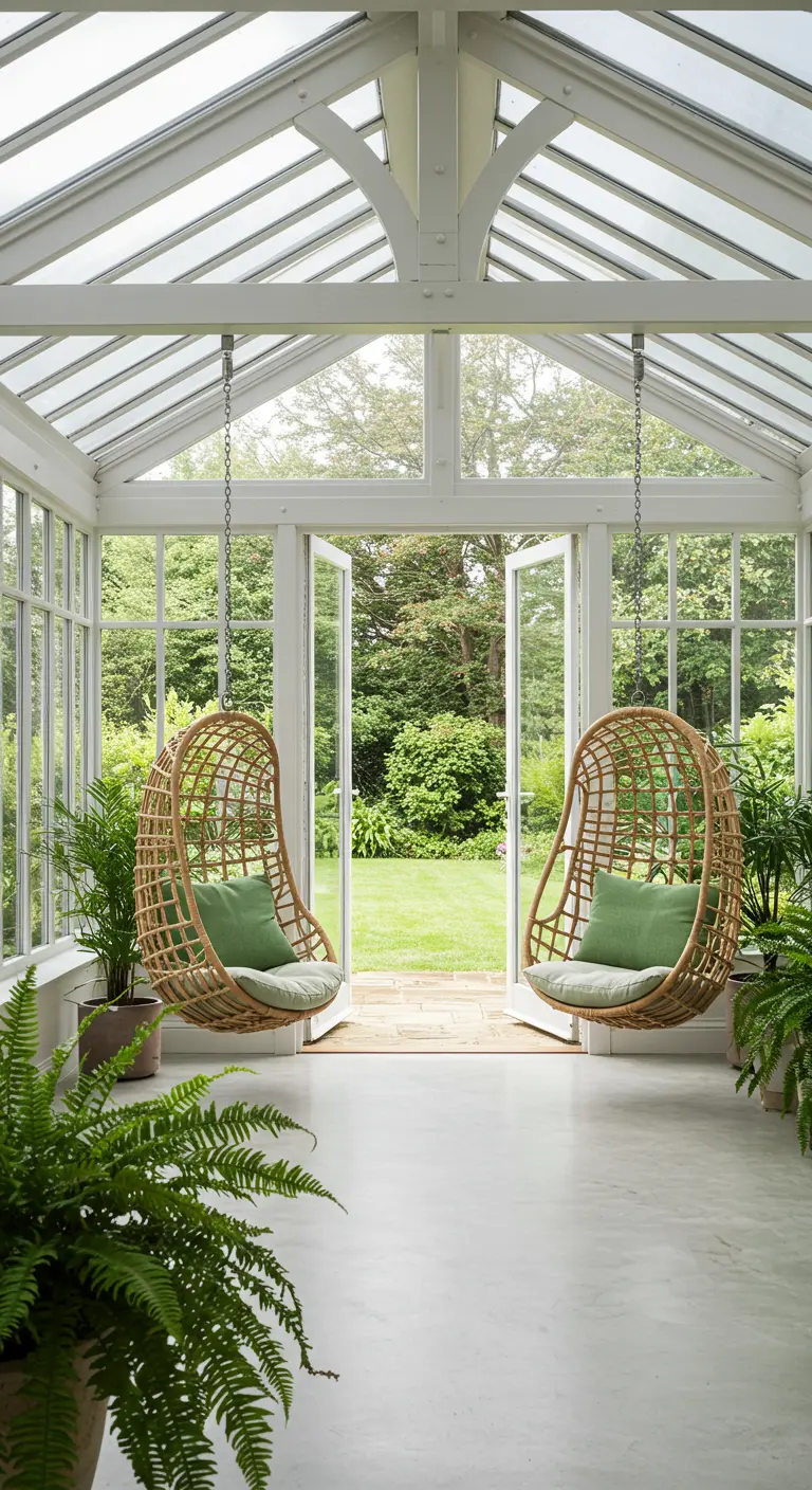 Deux fauteuils cocons suspendus en rotin avec coussins verts, dans une véranda lumineuse donnant sur un jardin.
