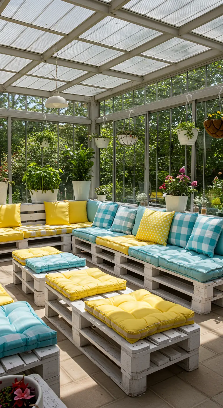 Salon en palettes blanches avec coussins à carreaux bleus et jaunes dans une véranda lumineuse.