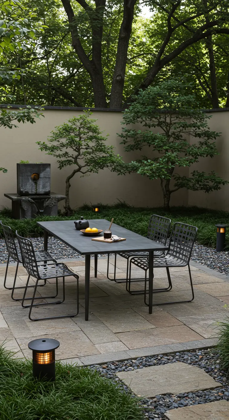 Jardin zen avec table et chaises en métal noir, fontaine minimaliste et arbres ornementaux.