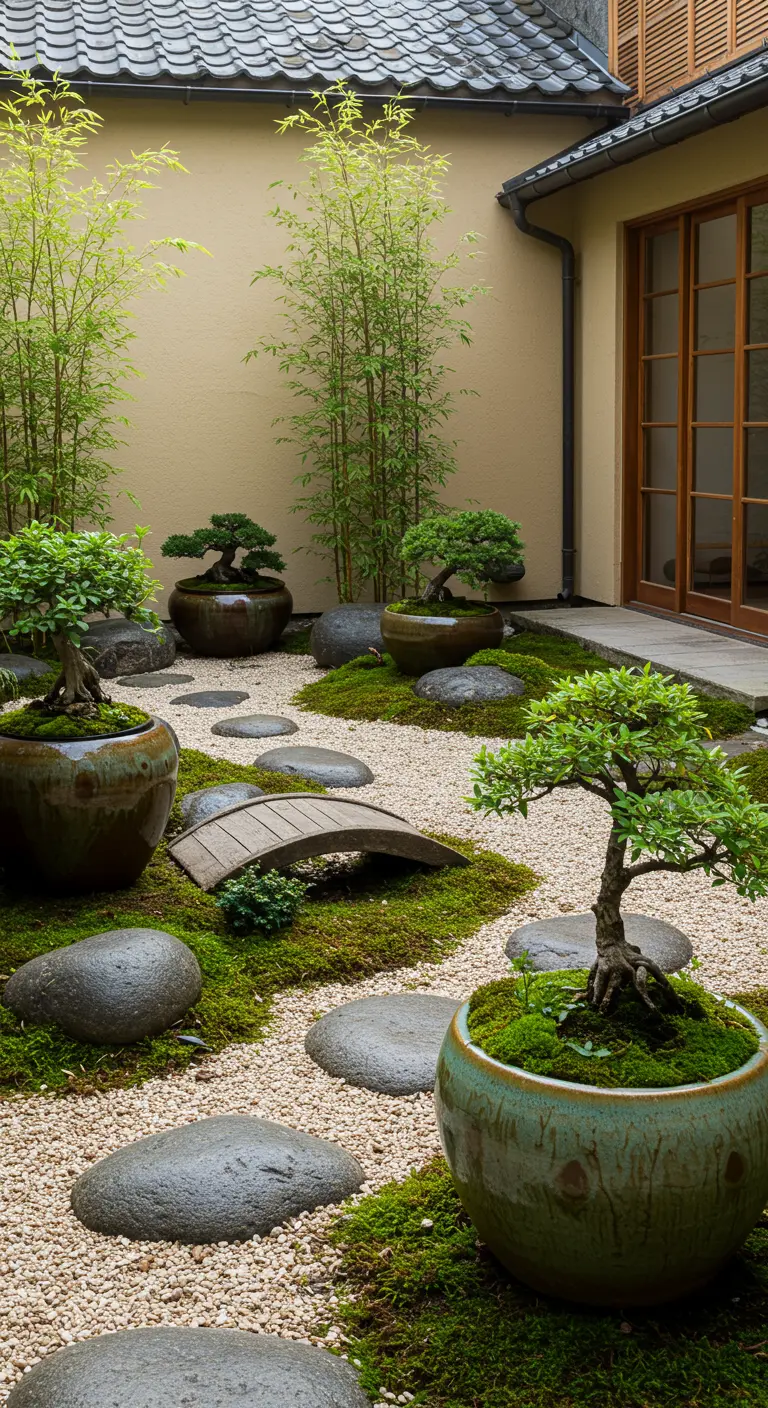 Jardin japonais avec bonsaïs dans des pots minimalistes, galets et mousse, évoquant la sérénité.