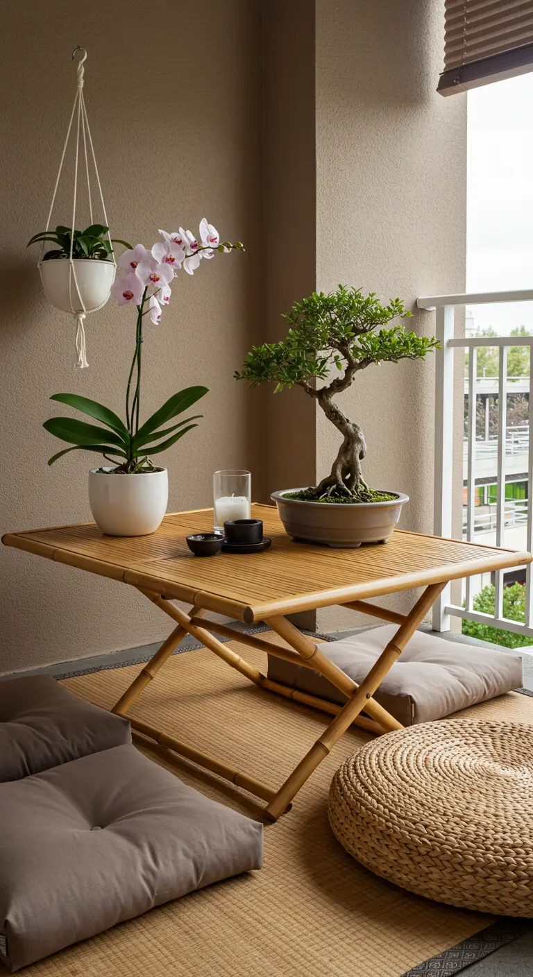 Balcon zen avec table basse en bambou, bonsaï, orchidée, coussins de sol.