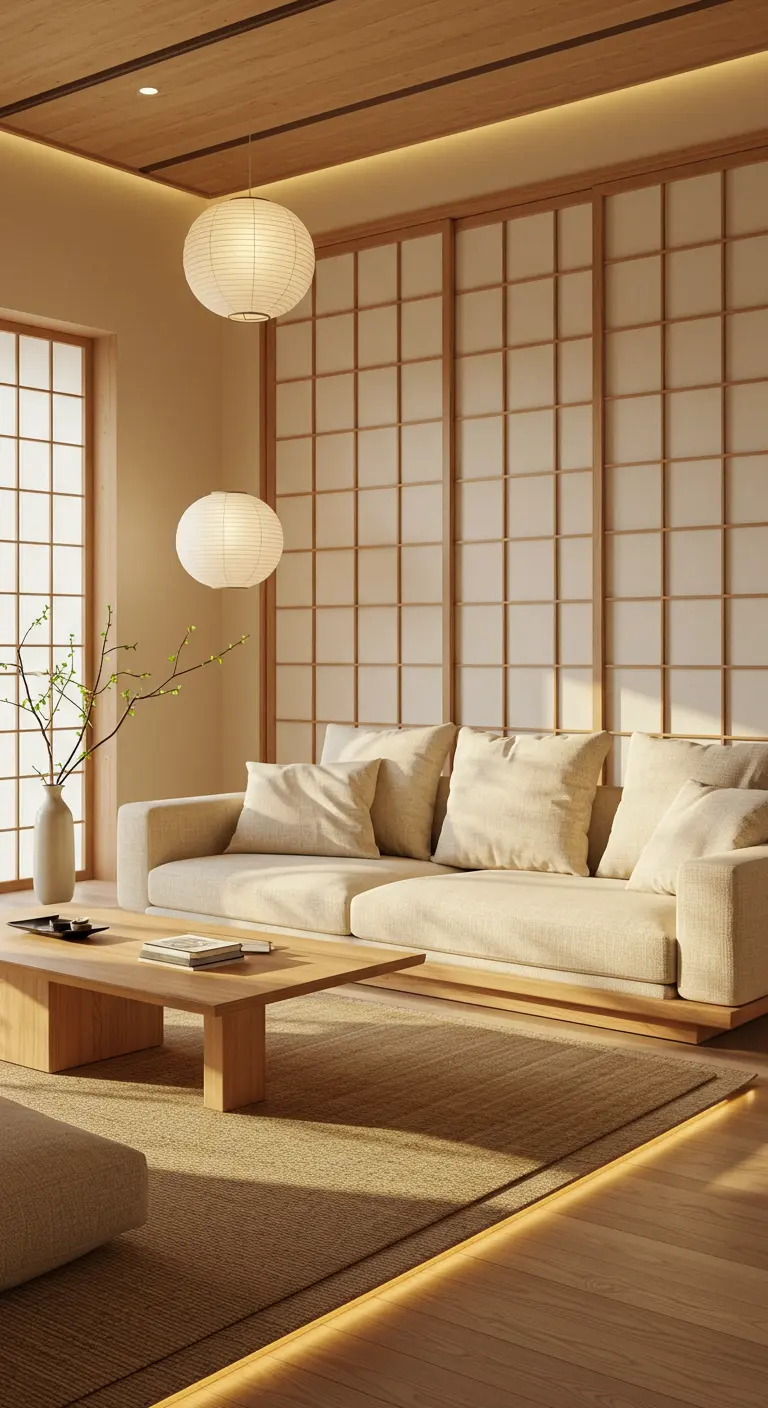 Salon d'inspiration japonaise, shoji, canapé crème, table basse bois, lanternes papier.
