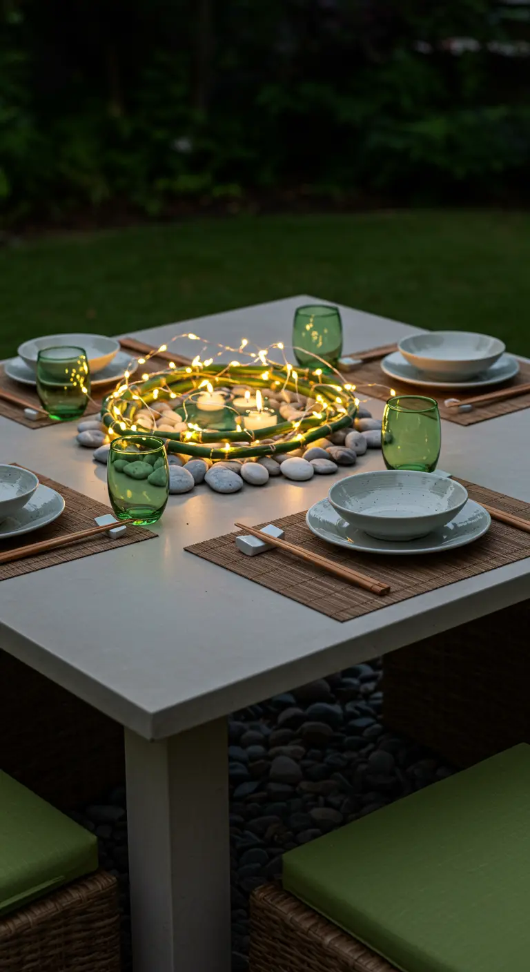 Table extérieure zen avec un centre de galets, bougies et guirlande lumineuse, verres verts.