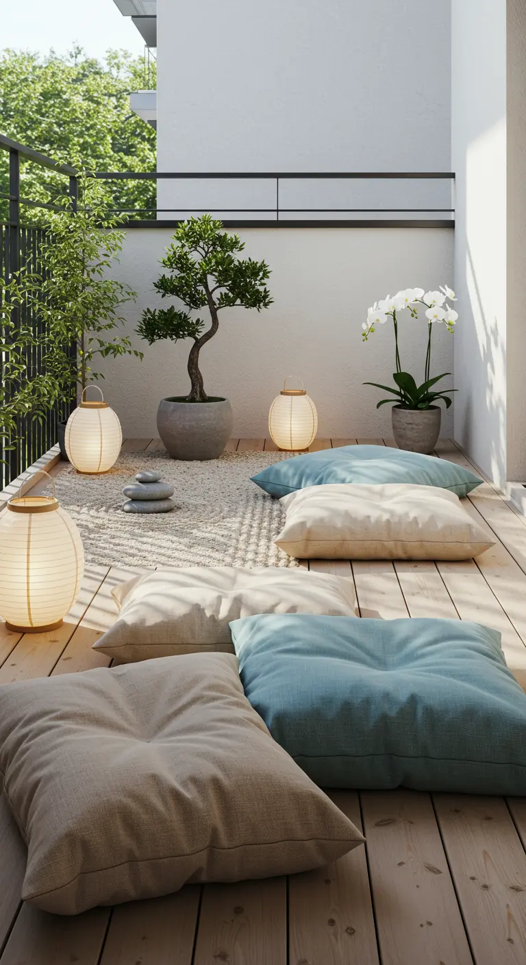 Balcon zen avec coussins au sol, gravier blanc, bonsaï, orchidée et lanternes japonaises.
