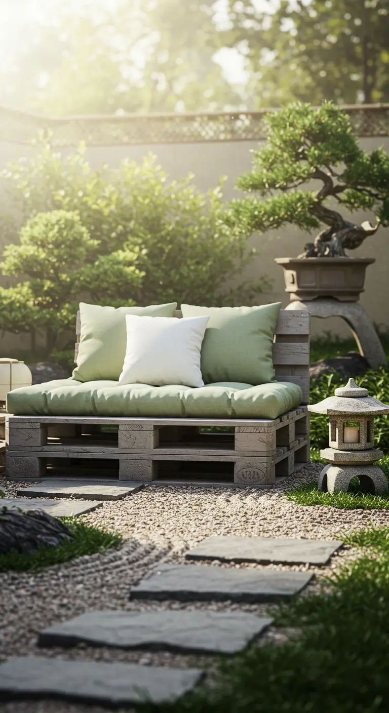 Salon zen en palettes claires avec coussins verts et blancs, bonsaï et lanterne japonaise.