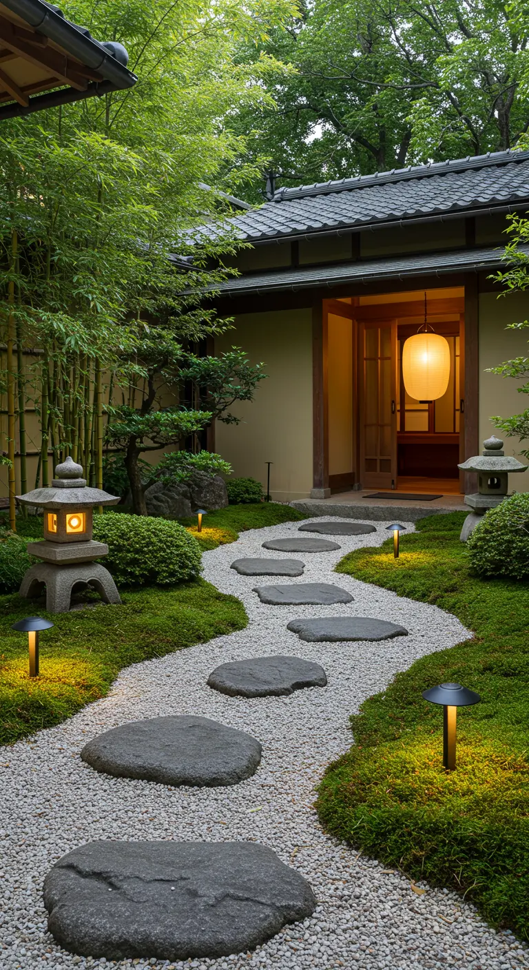 Jardin zen avec chemin de pas japonais, lanternes en pierre et éclairage au sol doux au crépuscule.