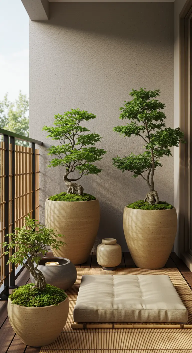 Balcon zen avec deux grands bonsaïs en pots beiges, un petit bonsaï, et un coussin de méditation.