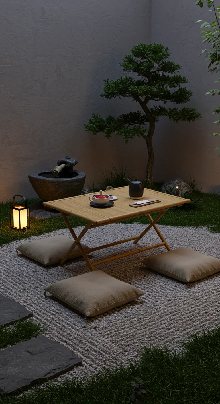 Jardin zen avec table basse pliante en bambou, coussins de sol, graviers et petit bonsaï.