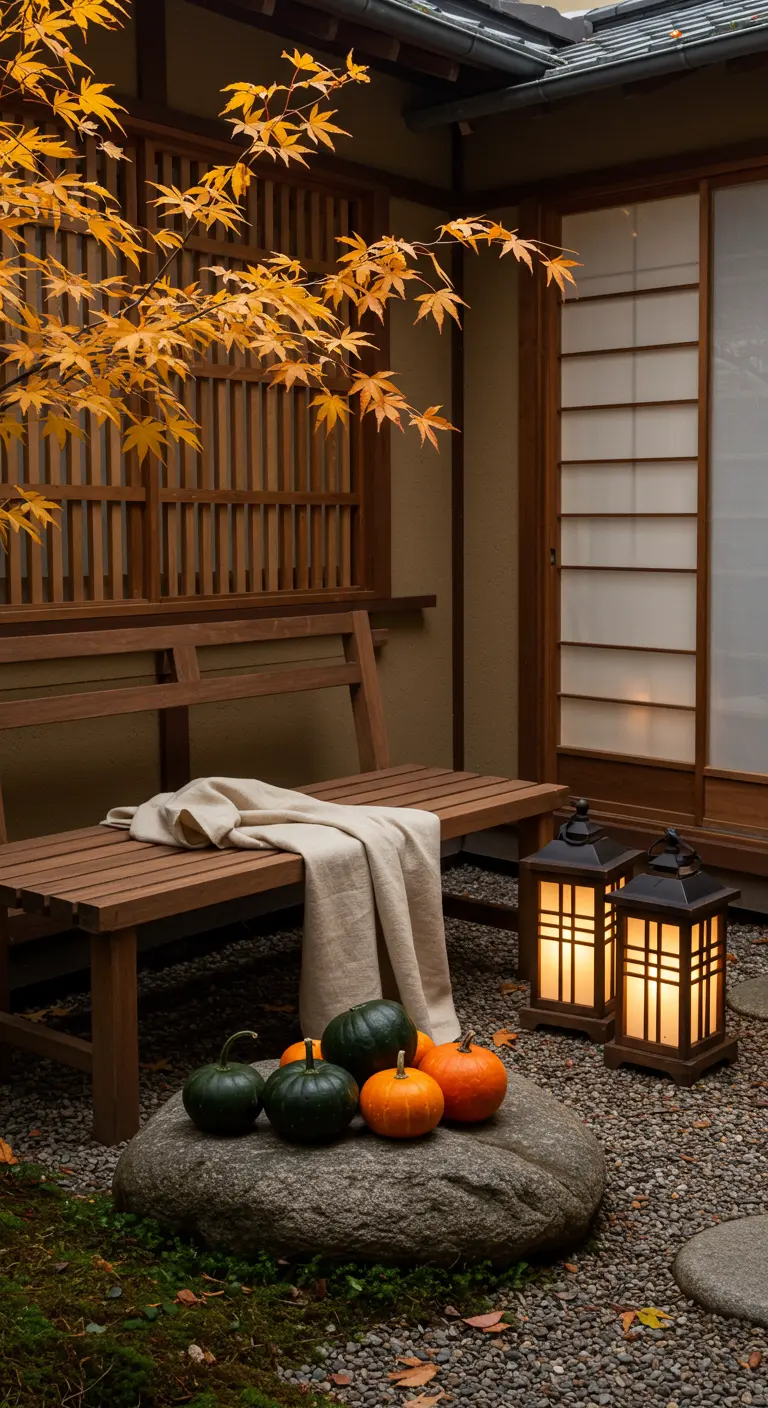 Jardin japonais avec banc en bois, érable japonais, lanternes traditionnelles et petites citrouilles.
