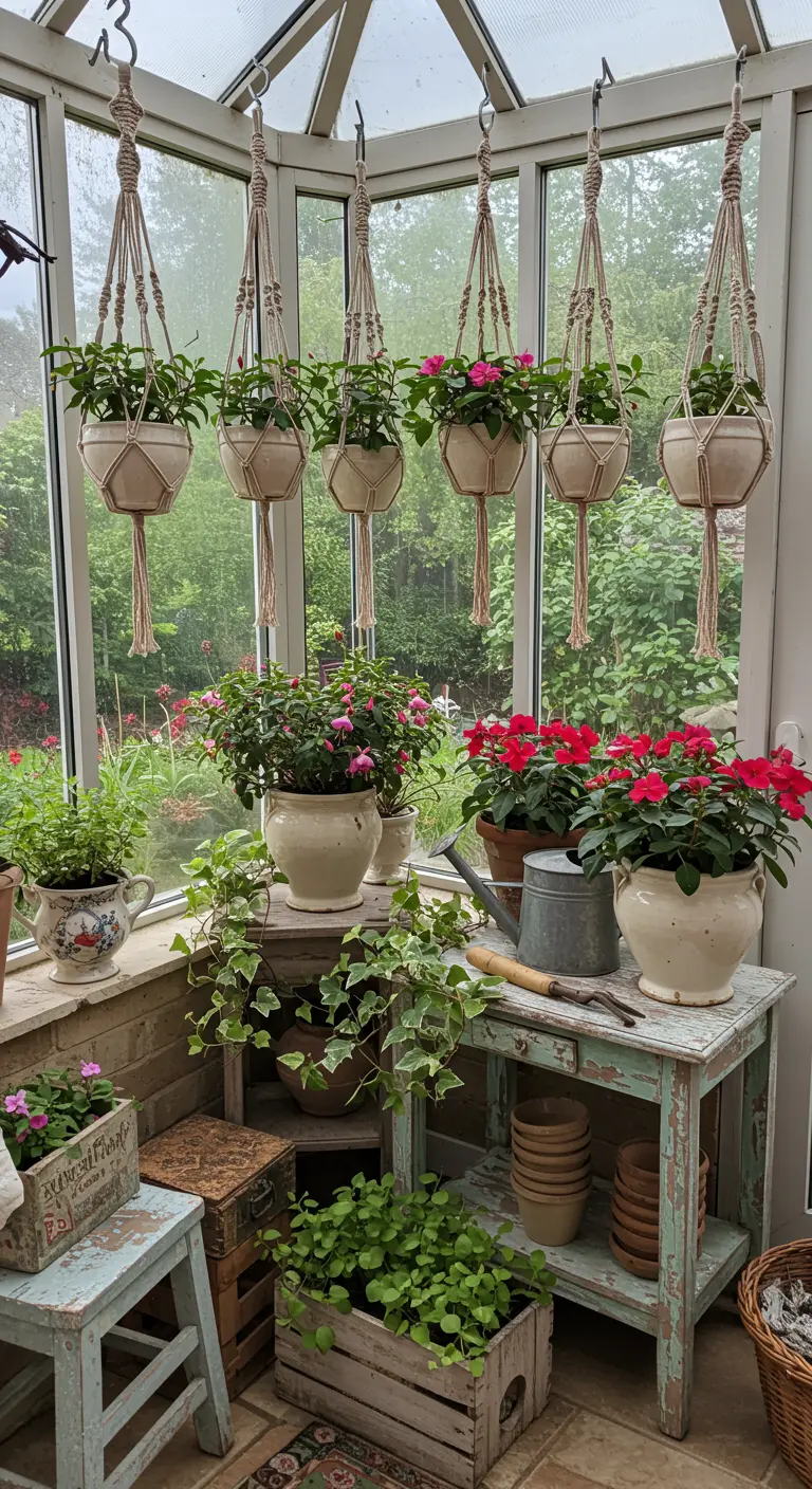 Serre remplie de plantes suspendues en macramé et posées dans des pots variés, avec des fleurs roses.