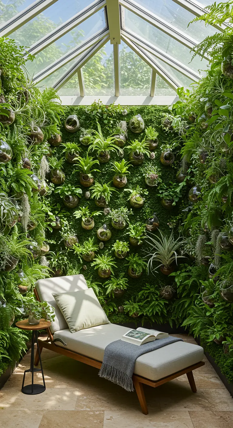 Serre d'intérieur luxuriante avec un mur végétal dense composé de plantes en pots de verre et de fougères.