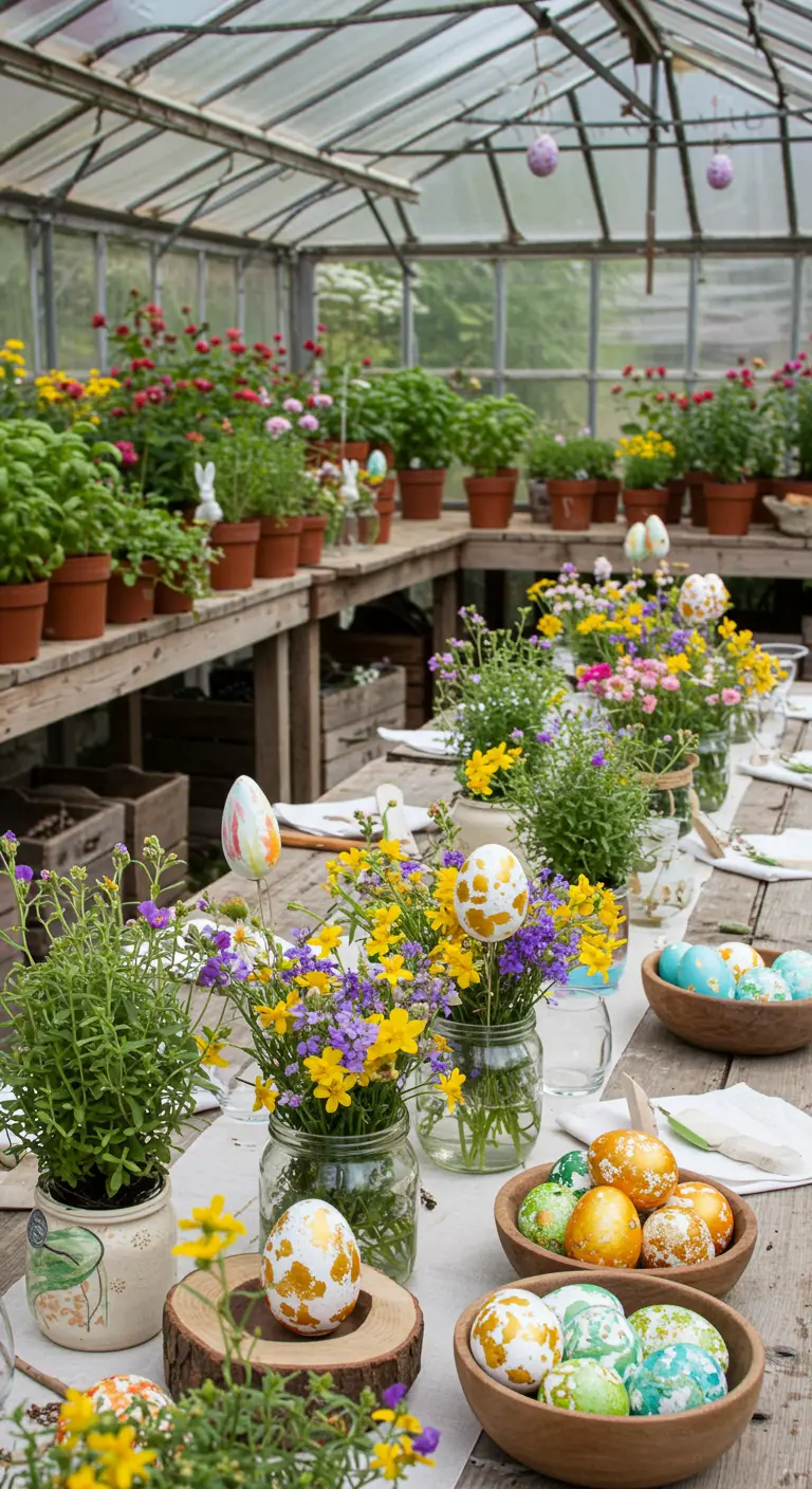 Table dans une serre avec plantes, fleurs et bols d'œufs décorés.