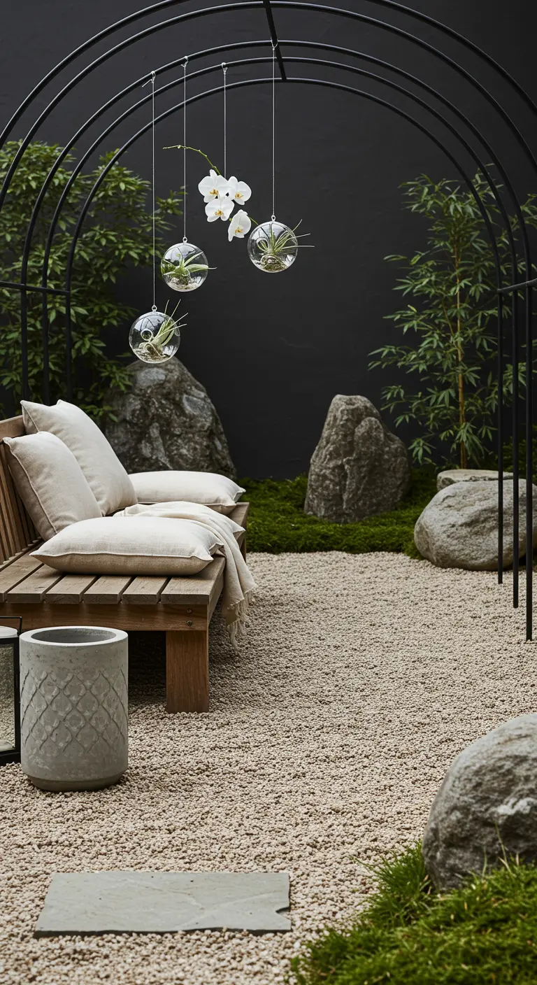 Serre luxuriante avec fauteuils en rotin, coussins et profusion de plantes vertes.