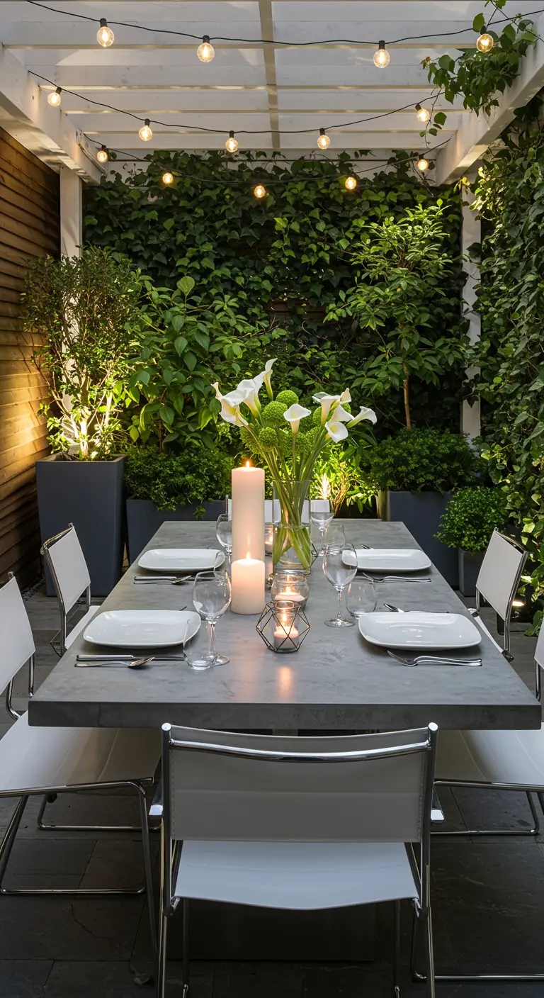 Patio urbain moderne avec un mur végétal, une table de dîner élégante et des bougies.