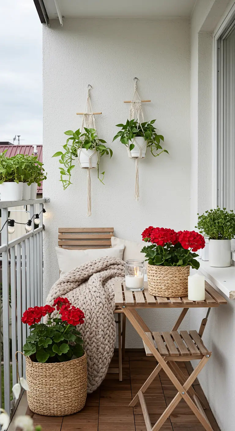 Balcon élégant avec mobilier bois, plaid tricoté et géraniums rouges.