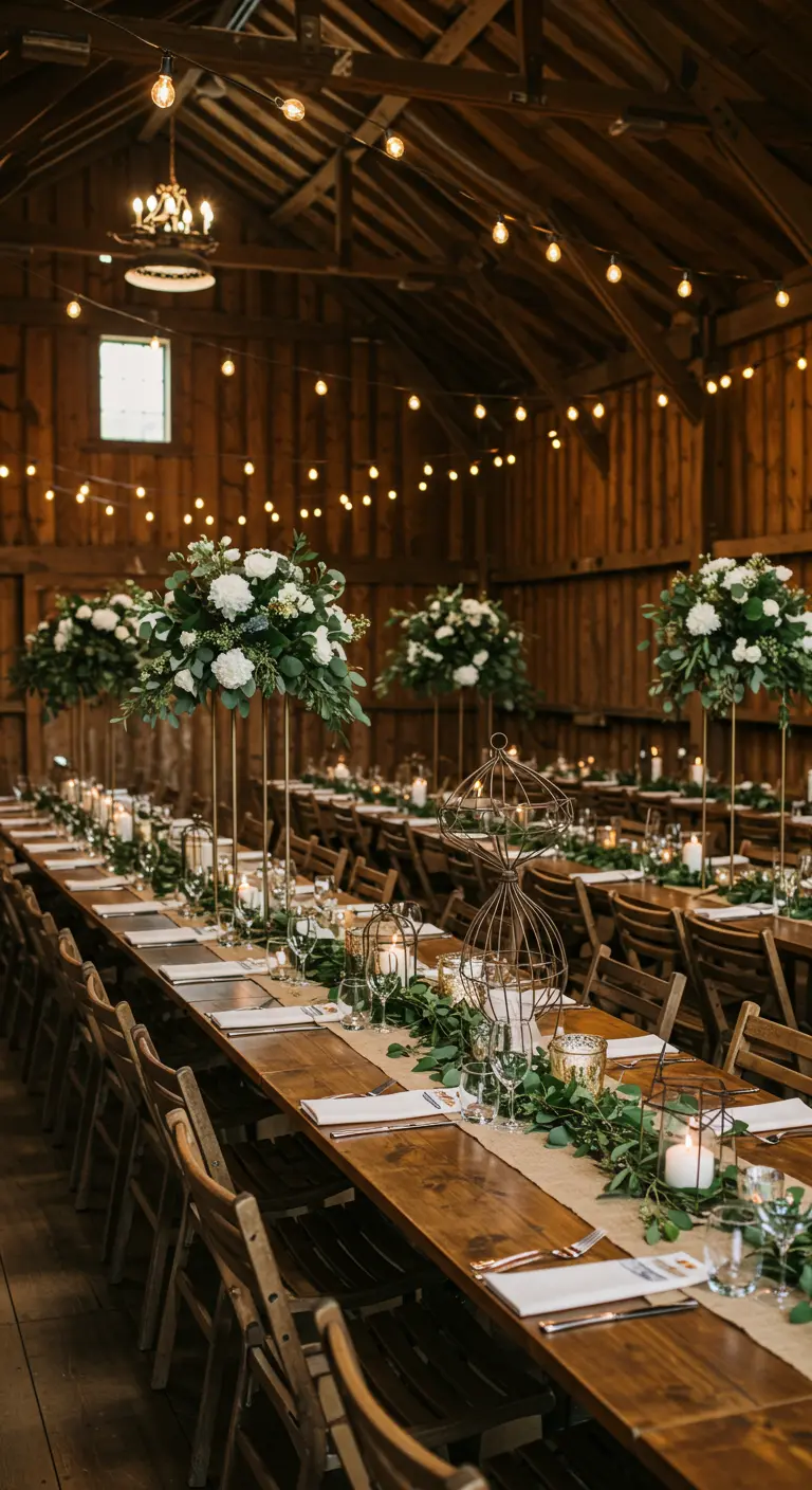 Longue table en bois dans une grange, décorée de centres de table hauts de fleurs blanches et verdure, bougeoirs et cages à oiseaux.