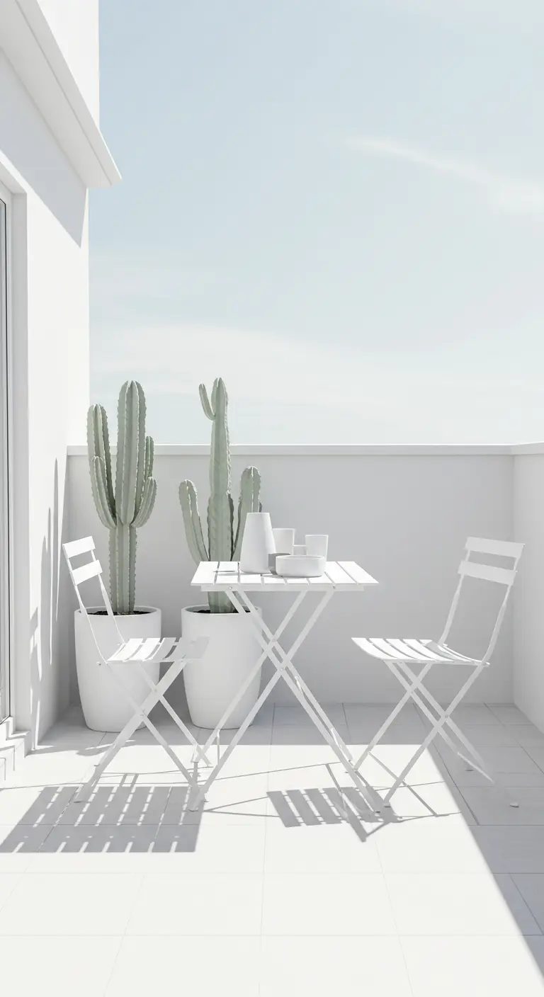 Balcon blanc et minimaliste avec table et chaises pliantes blanches, et de grands cactus en pots.
