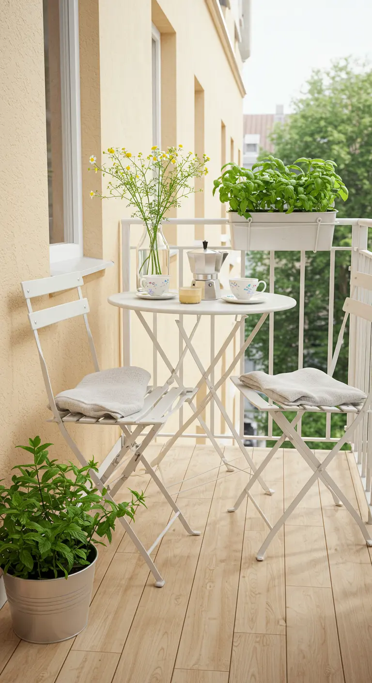 Balcon lumineux avec mobilier bistro blanc, sol en bois clair et jardinières d'herbes aromatiques.
