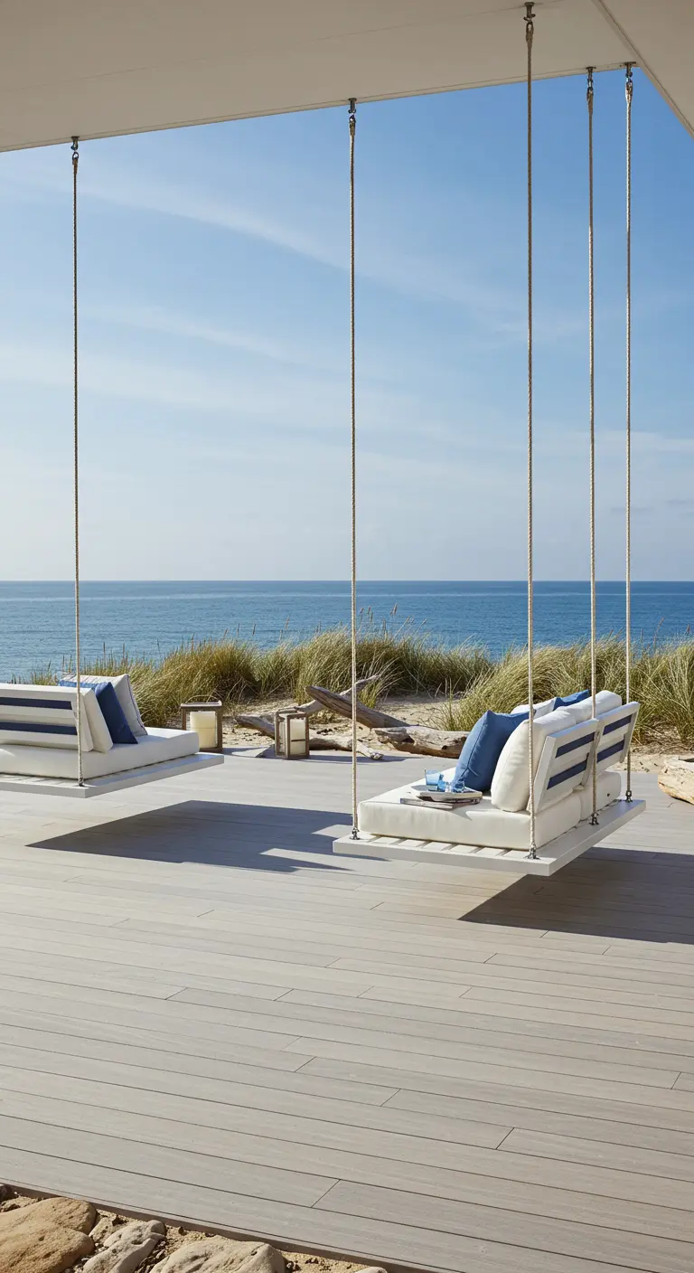 Deux bancs suspendus blancs et bleus sur une terrasse en bois face à la mer, ambiance épurée.