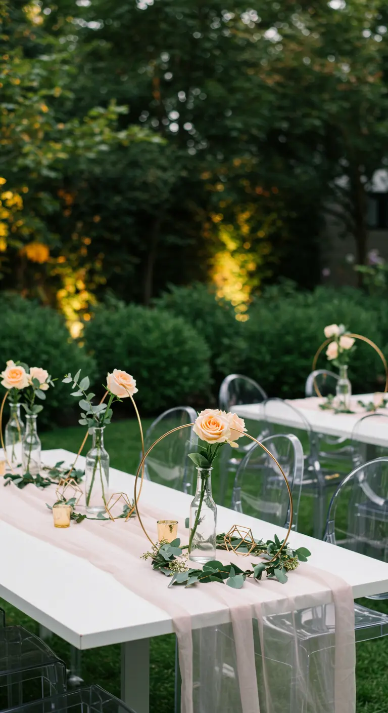 Tables de mariage modernes avec couronnes de feuillage, cercles dorés et roses pastel.