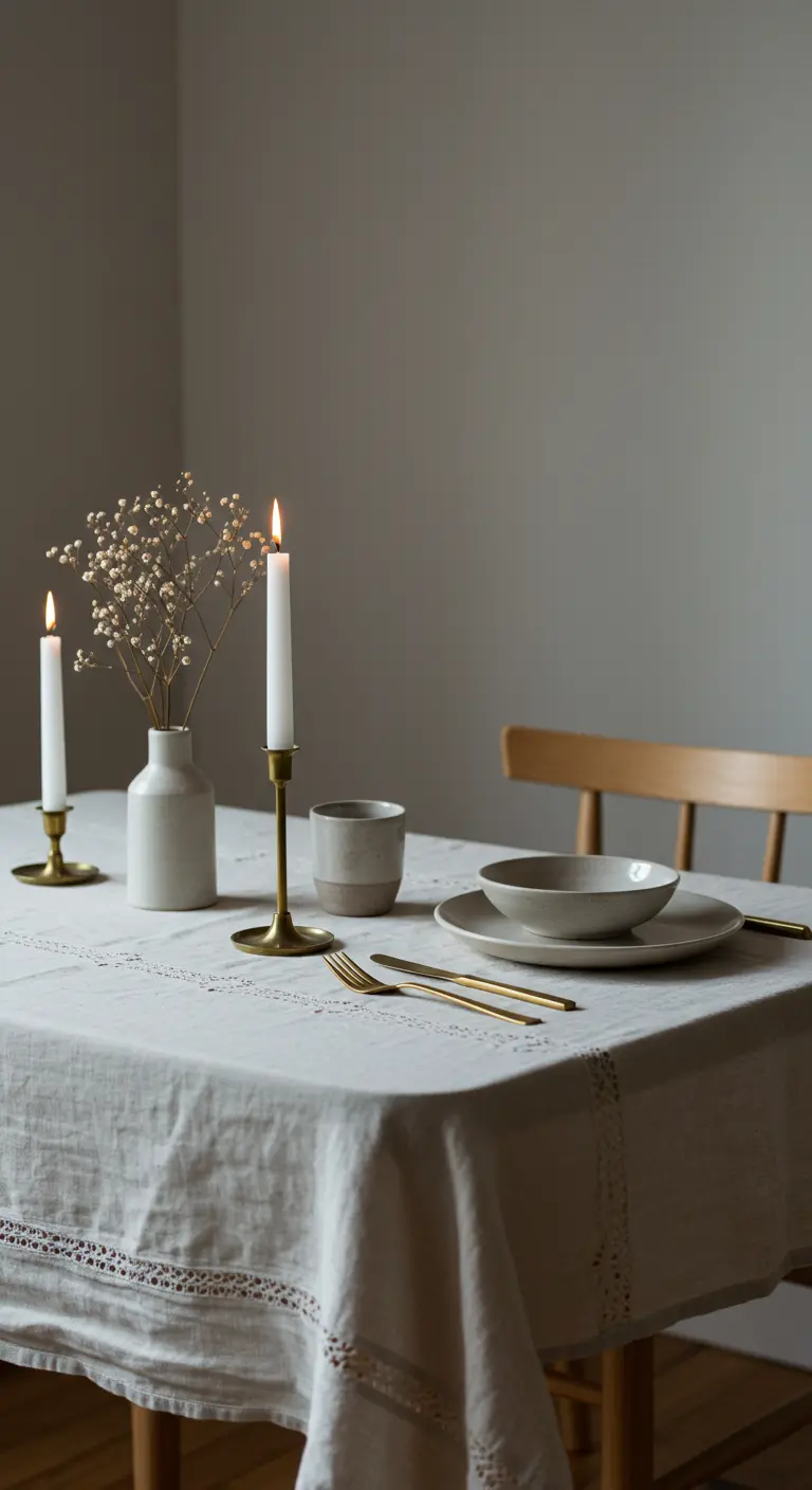 Table minimaliste avec nappe blanche en lin, vase gypsophile, bougies fines et vaisselle épurée.