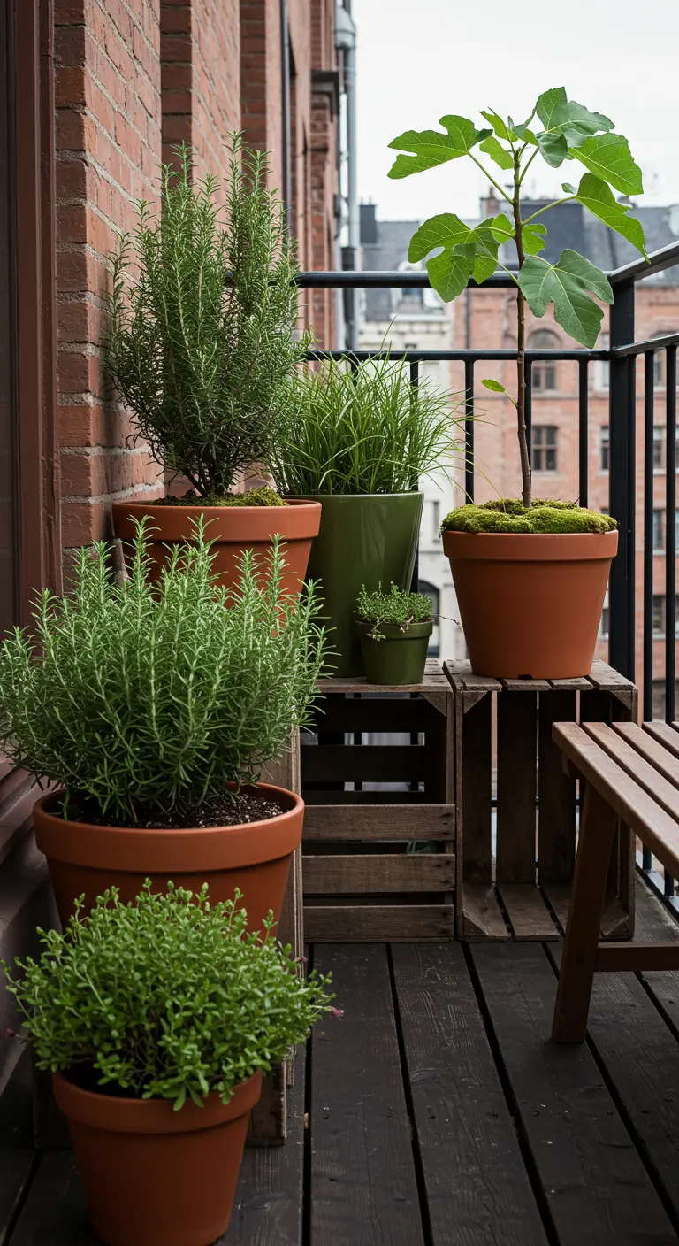 Balcon avec pots en terre cuite et quelques pots verts, herbes aromatiques et un figuier.